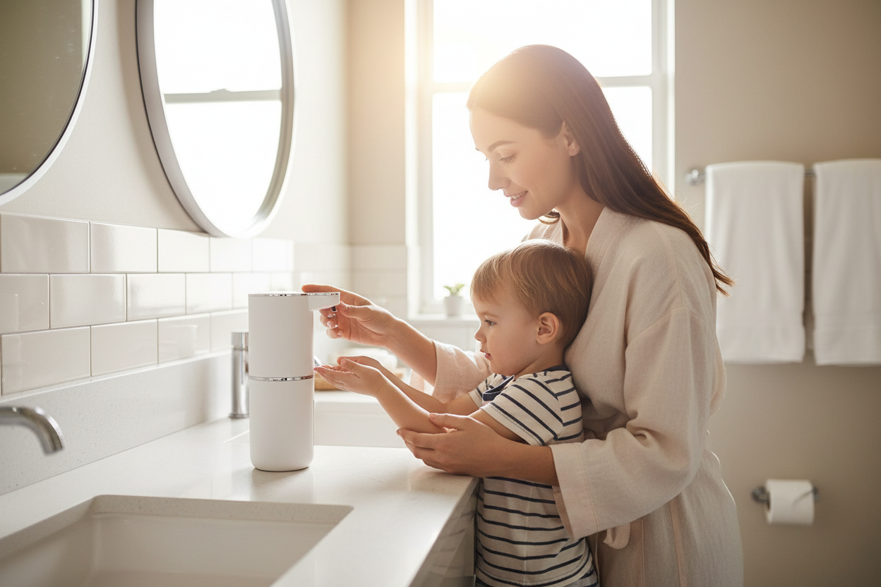 Mother and child using dispenser in bathroom